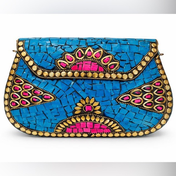 Ramla Blue Mosaic Clutch Handmade Evening Bag Gold Chain Purse